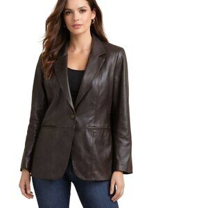 Denim & Co. Dark Brown Genuine Lamb Leather Blazer Jacket Single Button Size L